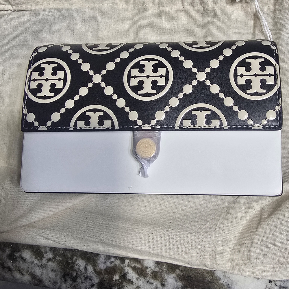 NWT Tory Burch T Monogram Embossed Black and New Cream Chain Wallet